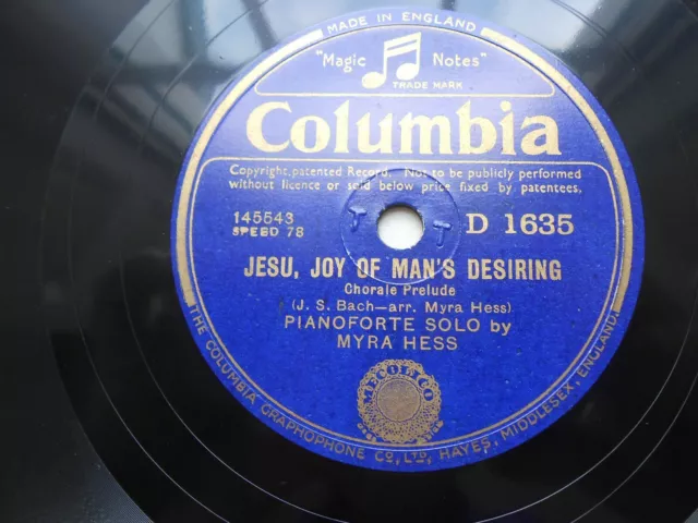 Myra Hess Piano Solo 10" 78rpm Columbia Record Jesu Joy of Man's Desiring