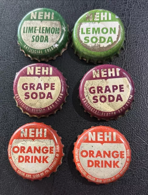 Lot Of 6 Vintage NEHI Grape Orange Lemon Lime cork back Soda Bottle Caps Cap