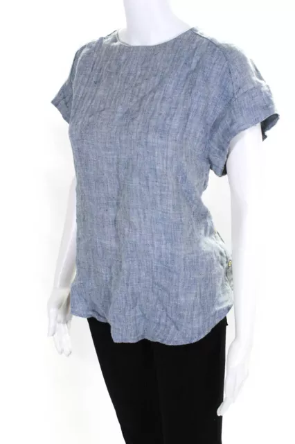 Trovata Womens Herringbone Side Button Short Sleeve Top Blouse Blue Size Small 2