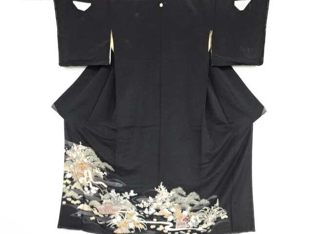 37430# Japanese Kimono / Antique Tomesode / Embroidery / Carriage & Flower