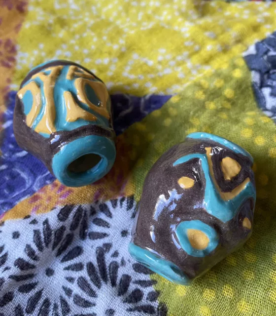 Vintage Macrame Ceramic Hand Made Beads Two Studio Pottery Clay Jewelry Big Size