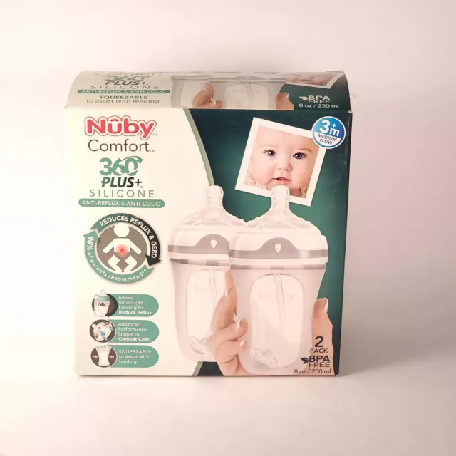 Nuby Comfort 360 Plus Soft Silicone Anti Reflux Colic 8oz Baby Bottle 2 Pack NEW