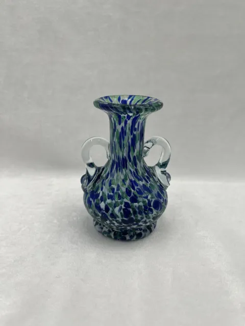 Hand Blown Art Glass Blue Green Confetti Speckled Swirl End Of Day Mini Bud Vase