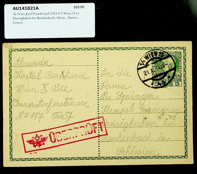 Österreich 1914 WWI Zensor 5h Franz Josef Ps Karte Von Wien Sich Dreisighuben