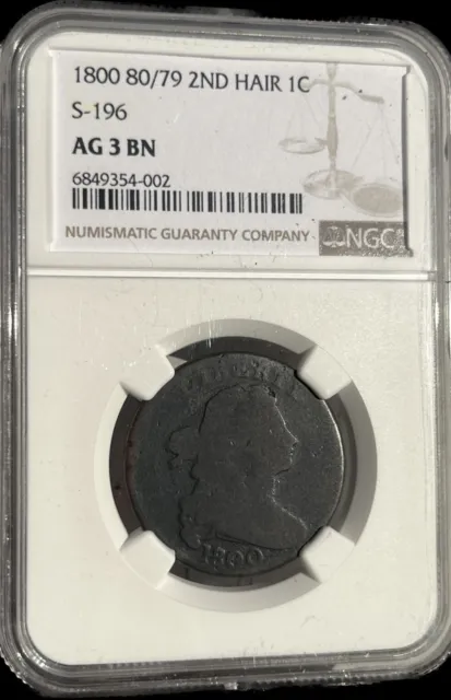 1800/79 1C Draped Bust Large Cent S196, R1 NGC AG3 Key PROBLEM FREE Early Copper