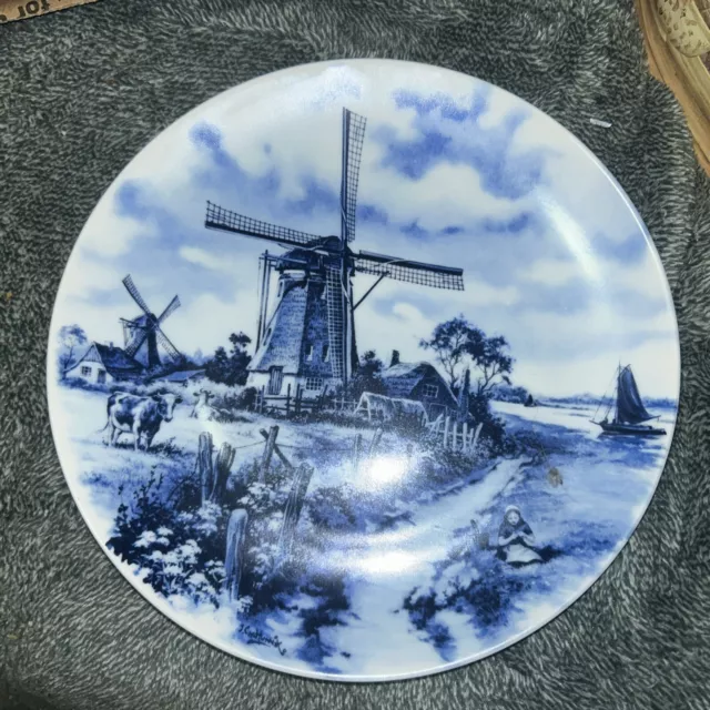 Vintage DELFT BLAUW WINDMILL Hand Decorated Plate Made in Holland