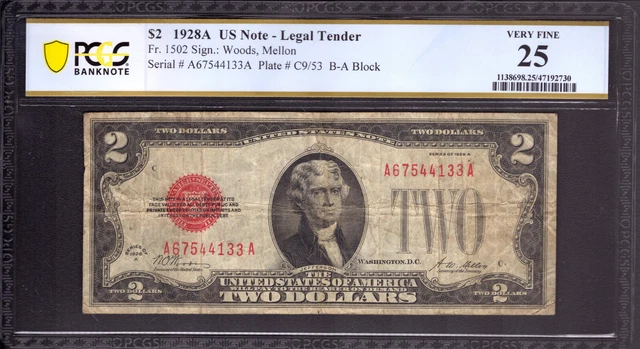1928 A $2 Legal Tender Red Seal Note Aa Block Fr.1502 Pcgs B Very Fine Vf 25