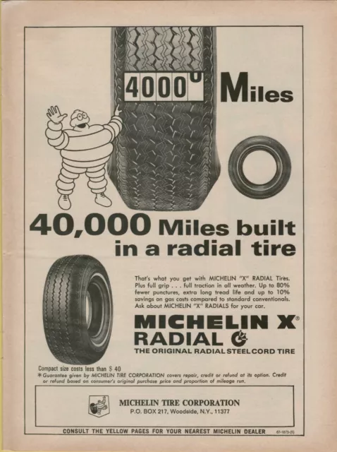 1967 Michelin X Radial Tire 40,000 Miles Steel Cord Man Vintage Print Ad