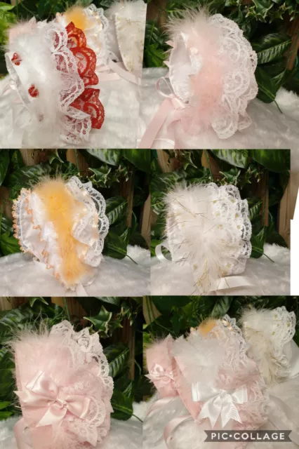 DREAM 0-3 year baby girl frilly bonnet pink white gold red peach or reborn dolls