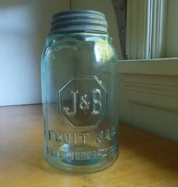 J&B FRUIT JAR PAT'D JUNE 14th 1898 QUART FRUIT JAR WITH 8 SIDED SHOULDER SHINY
