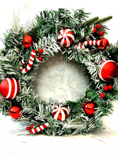 Light Up Christmas Door Decoration Wreath Candy Cane Baubles In & Outdoor 50cm