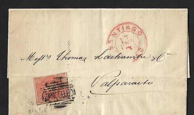 Chile Santiago To Valparaiso Cancelled Postmark On Letter Cover 1866