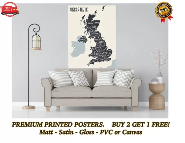 GB UK Map of Great Britain Areas Large Poster Art Print Gift A0 A1 A2 A3 A4 Maxi