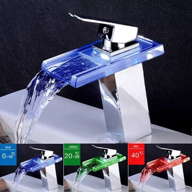 Square Glass Waterfall Chrome Bathroom Mixer Sink Basin Tap W/ Color Change LED