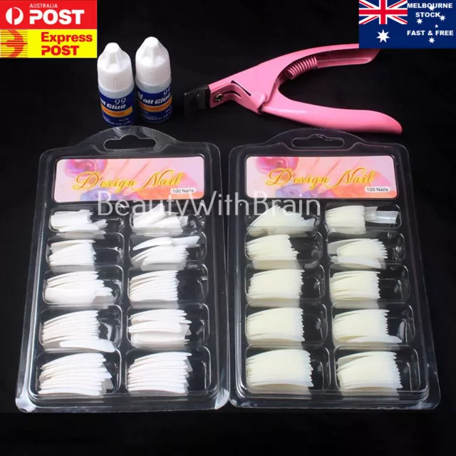 200Pcs French Tips Acrylic False Nails+Glue+Cutter Professional Nail Art Kit