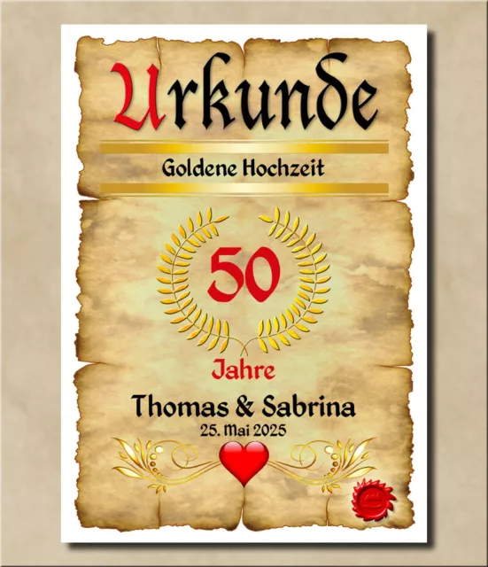 Geschenkurkunde zur Goldenen Hochzeit 50 Jahre Hochzeitstag Jubiläum - Geschenk