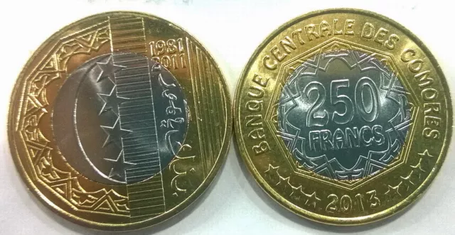 Comoros 2013 Central Bank 250 Francs Bimetal Coin,UNC