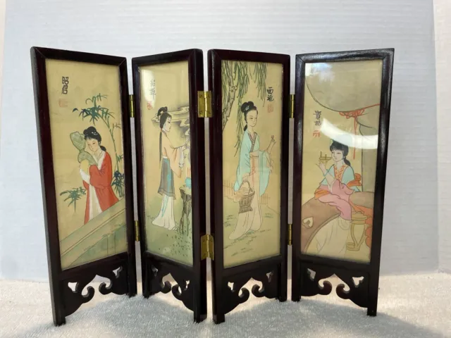 Miniature Folding Screen 4 Panels Sides Hand Painted Silk Women