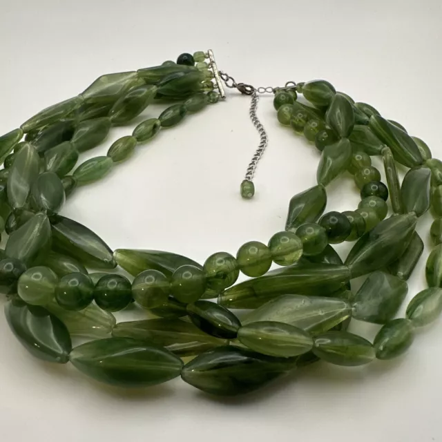 Vintage Art Deco Bakelite Style Green Lucite Beaded 5 Strand Adj Choker Necklace