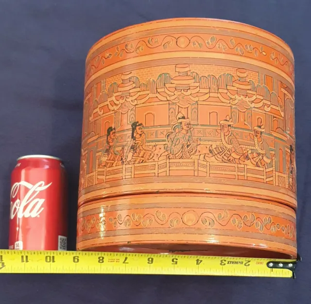 Burmese Asian Red Lacquer Hand Painted Betel Box RARE ANTIQUE 9 x 8 1/2 inches 3