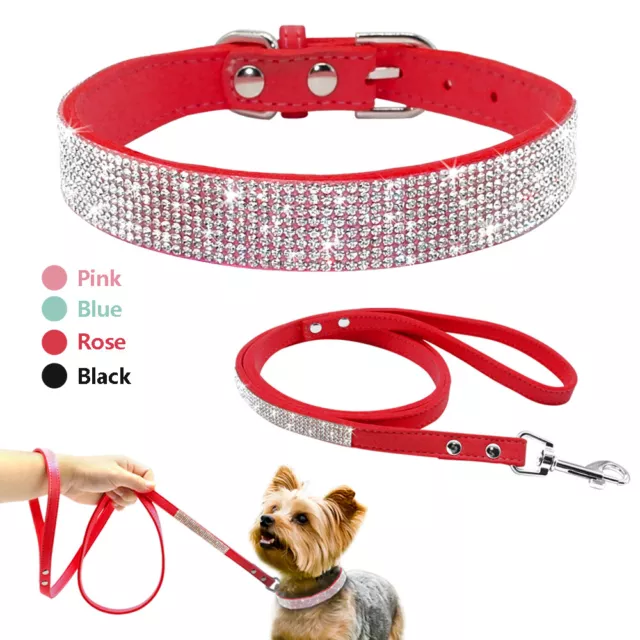 Strass Hundehalsband mit Leine PU Leder Halsband Haustier Katzen Welpenhalsband