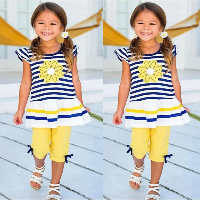 T-shirt a righe 2 pz Oddler bambini bambine girasole estivo abiti top pantaloni