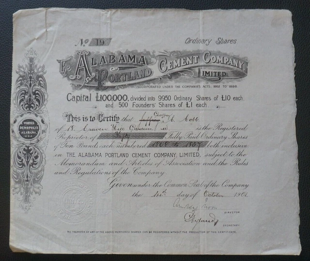 U.S.A. Alabama Portland Cement Co. Ltd Ordinary £1 share certificate no 19, 1901