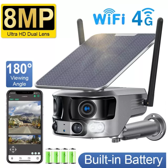 4K 8MP Dual Lens 4G SIM Card Solar Camera Outdoor WIFI 180° PTZ PIR CCTV IR Cam