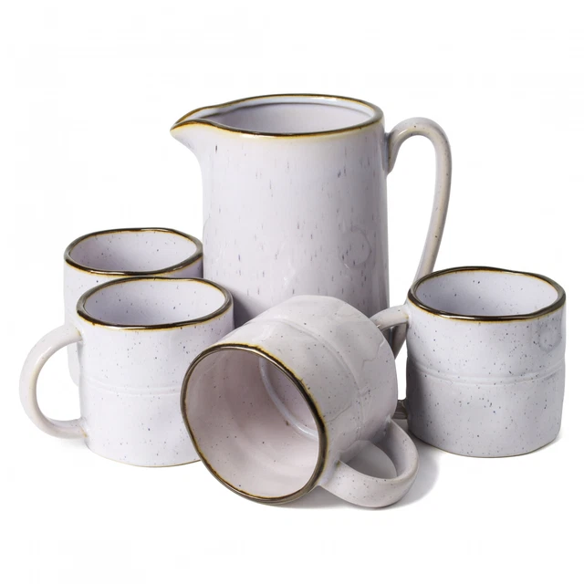 Beille Stoneware Kitchen Farmhouse Decor Pitcher Mugs Set Speckled Ivory - 5pc
