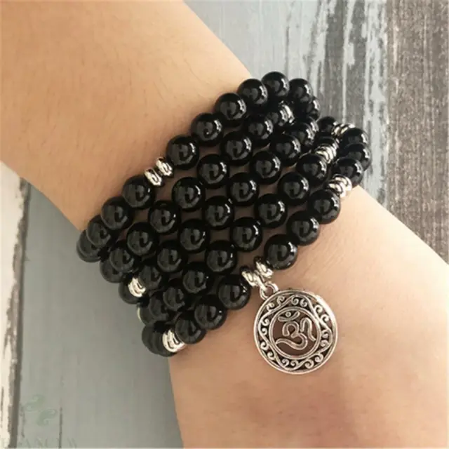 8mm black agate gemstone 108 beads Mala bracelet Bless Lucky Wrist Meditation