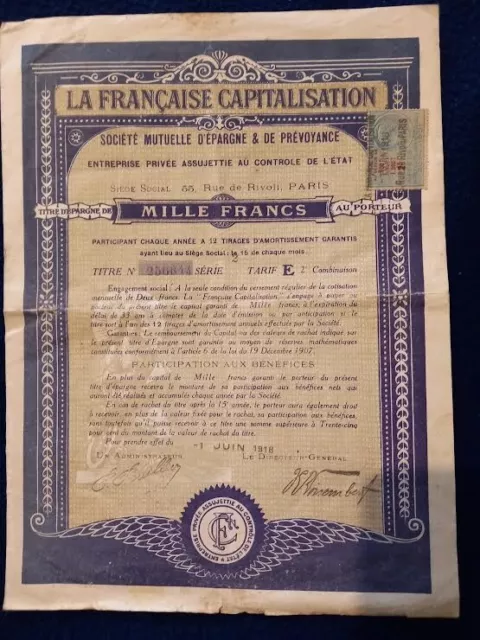La Française Capitalisation épargne 1000 Francs 1er Juin 1918