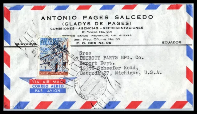 1959 ECUADOR Ad Cover - Guayaquil to Detroit, Michigan USA, Air Mail B13