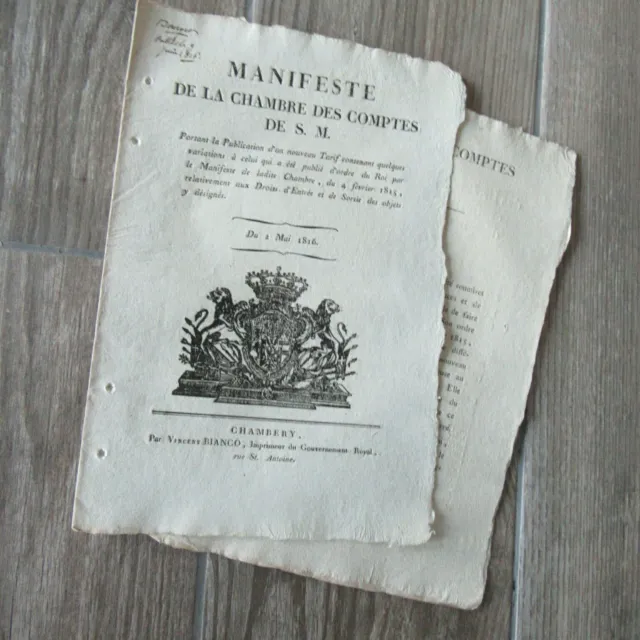 Manifesto Duchy Of Savoie 1816 Chambery Rates Chamber Of Accounts