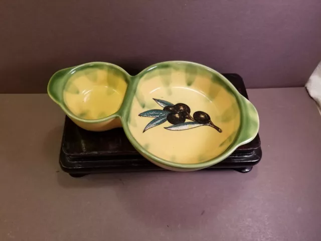 Italian Olive Divided Dipping/Pit Bowl Majolica Style Yellow Green Hand Painted