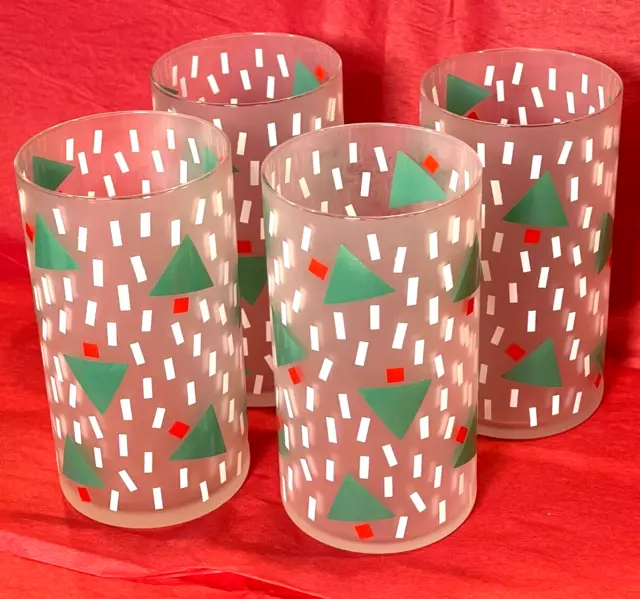 Vintage Set of 4 Frosted Christmas Tree Glasses - Highball Water Drinking