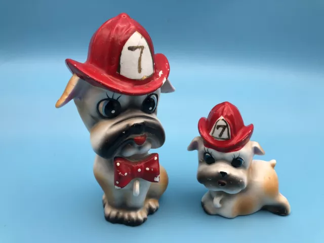 Vintage Pair Ceramic Mack Bulldog Puppy Dog Firefighters #7 Fireman Hat