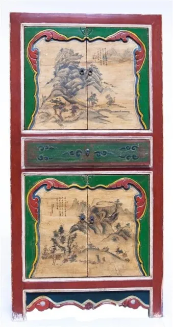 Chinese Antique Kansu Engraved and Painted Cabinet Green and Red