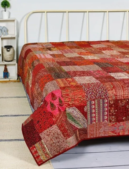 Vintage Patchwork Kantha Bedspread Indian Handmade Quilt Throw Cotton Blanket 3
