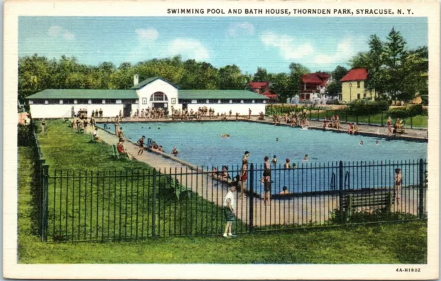 c1940s Linen Postcard Syracuse NY New York Thornden Park Swimming Pool Bath Hse