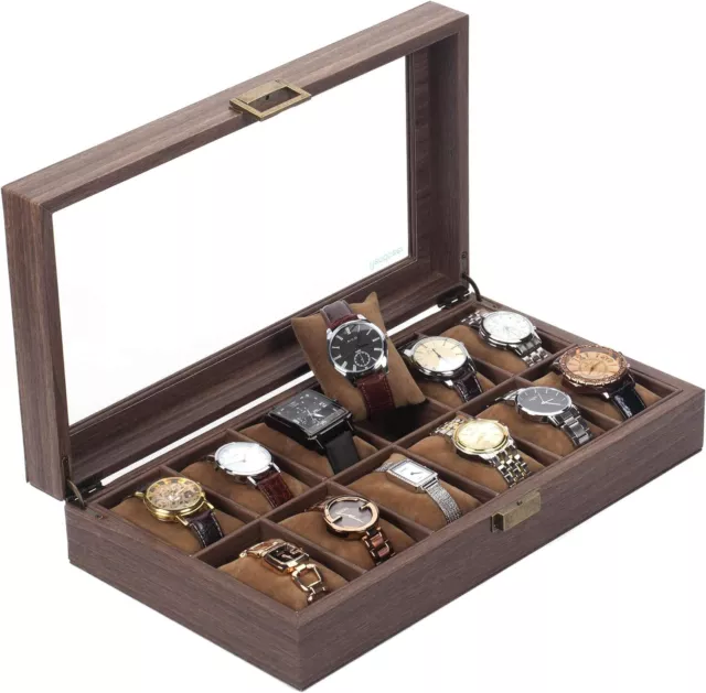 12 Slots Retro Wooden Watch Box Jewelry Storage Leather Watch Organizer Gift