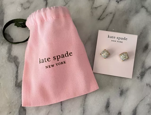 Kate Spade New York Small Square Stud Earrings Gold Opal Glitter Dustbag NEW!