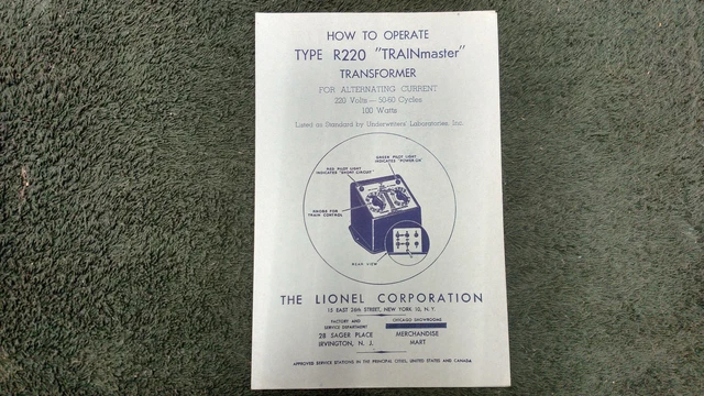 LIONEL TYPE R220 Trainmaster Transformer 100 Watts Instructions ...