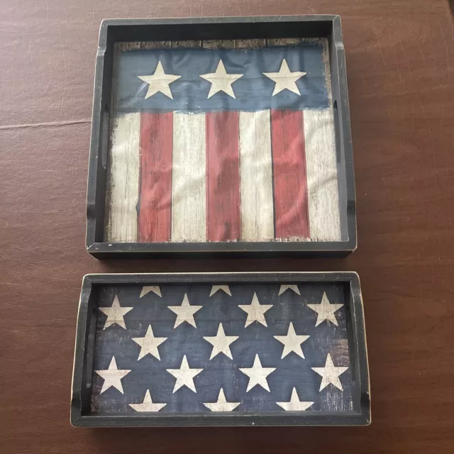 Set Of 2 Patriotic Wavy American Flags Wooden Serving Trays; Rustic CountryDecor