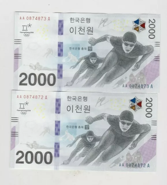 Due Banconote Vinte 2018 P58 Sud Corea 2000 Consecutive In Condizioni Quasi Perfette.