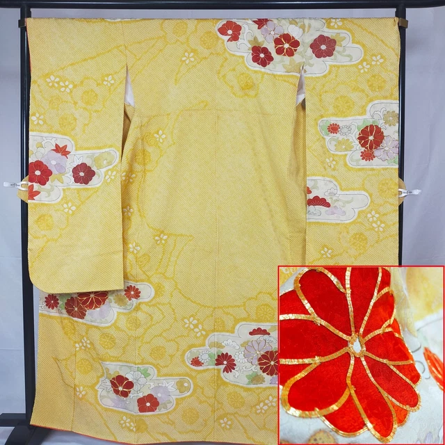 0514:Japanese Kimono  "FURISODE"  pure silk So Shibori flower arabesque pattern