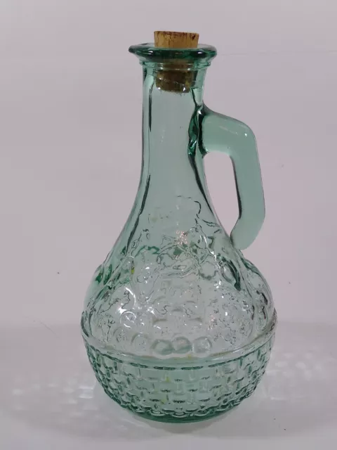 Vintage Decanter Green Glass with Cork Stopper. Fruit pattern with handle CANADA