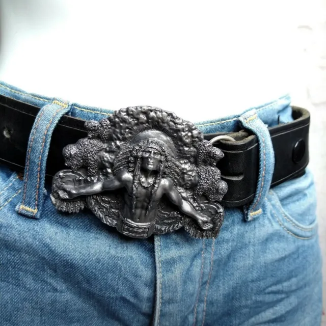 American Indian Chief Buckle Black Leather Belt Western Poetry Unisex  S/M 1990s
