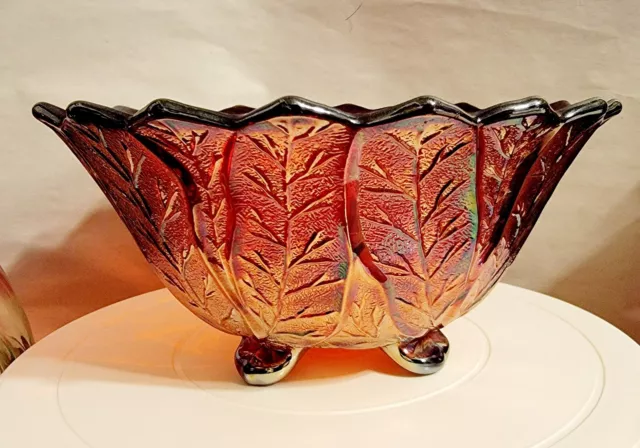 Vintage Imperial Glass Red Acanthus Leaf Footed Carnival Glass Bowl