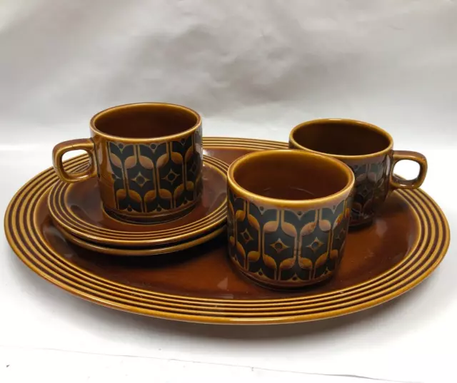 Hornsea Pottery Plate Cups And Saucers Made In England Brown Orange C48 O253