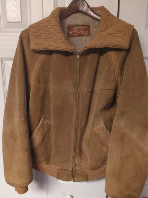 Vintage 70s William Barry Tan Suede Leather Jacket Fleece Lined Size 42